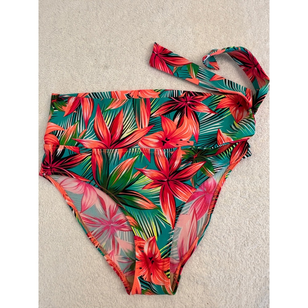 Pour Moi Tropical High Waisted Bikini Bottoms Floral Side Tie Teal Coral UK 12